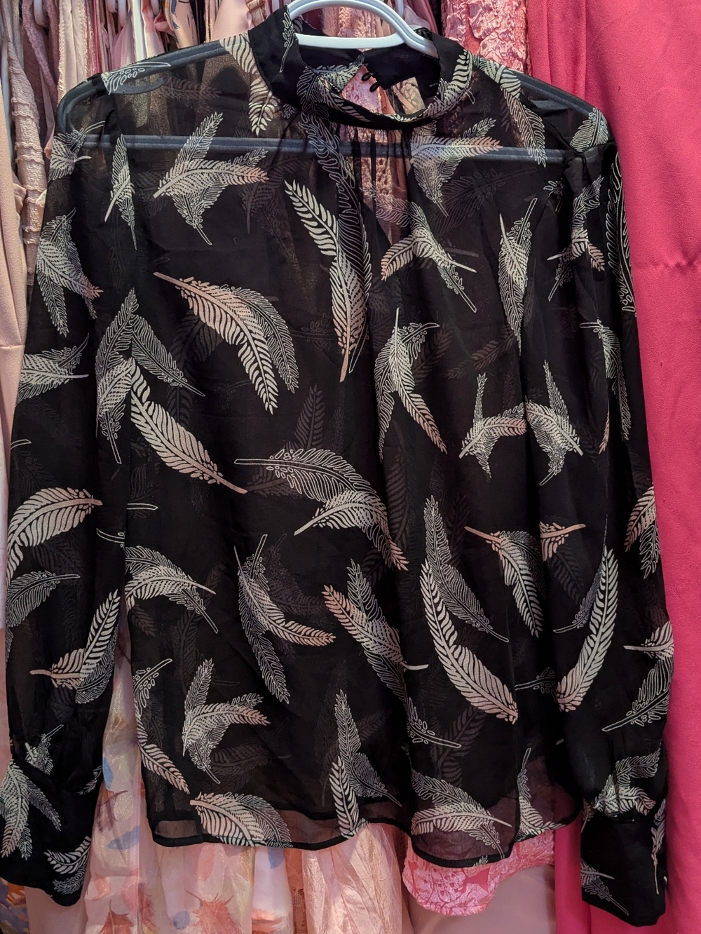 Who What Wear Black Top with Pink And White  Feather Motif High Neck Xs